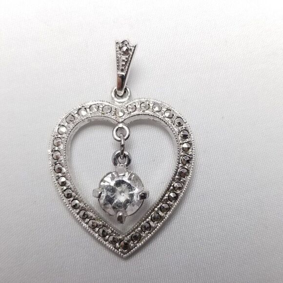 Vintage Sterling Silver Heart Pendant, Rhinestone Charm Center, Marcasite, Theda - Picture 2 of 7
